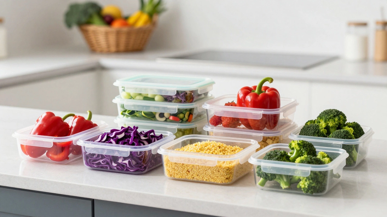 Several meal prep containers filled with colorful vegetables and grains on a kitchen counter