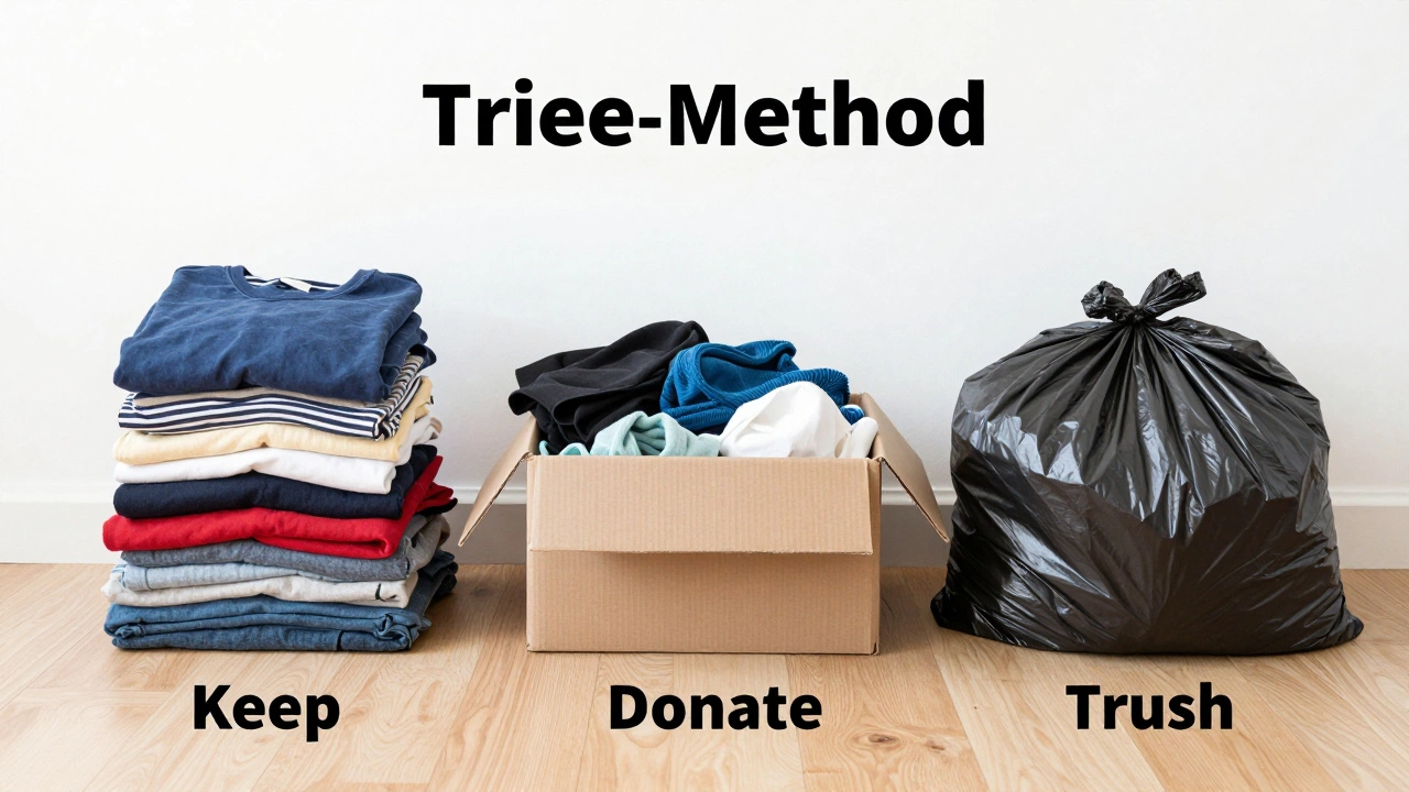 Three sorted piles on a floor: items to keep, a donation box, and a trash bag.