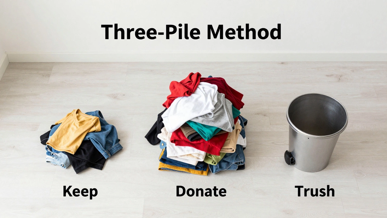 Top-down view of three organized piles for keeping, donating, and discarding items.