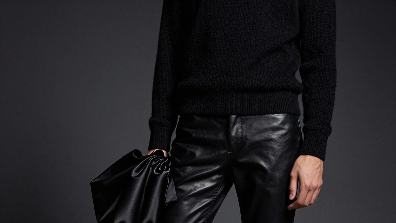 Close-up of black outfit mixing matte cashmere, leather, and satin textures