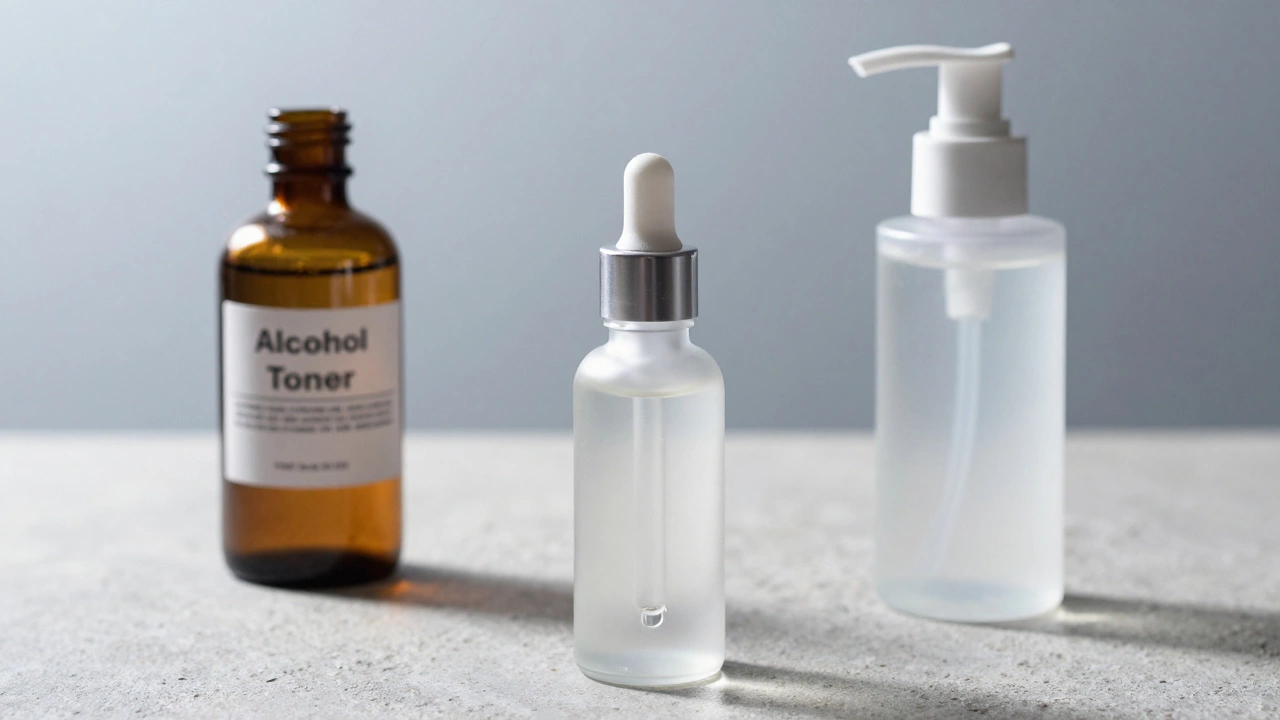 Comparison of old alcohol toner, modern serum, and moisturizer bottles.