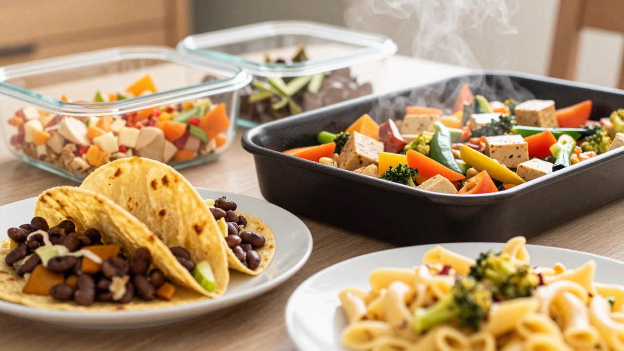 Dinner table with simple themed meals and prepped leftovers in containers