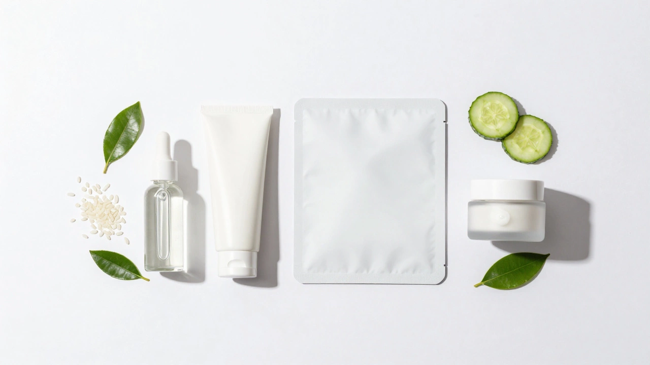 Flat lay of Korean skincare products and fresh ingredients on white surface