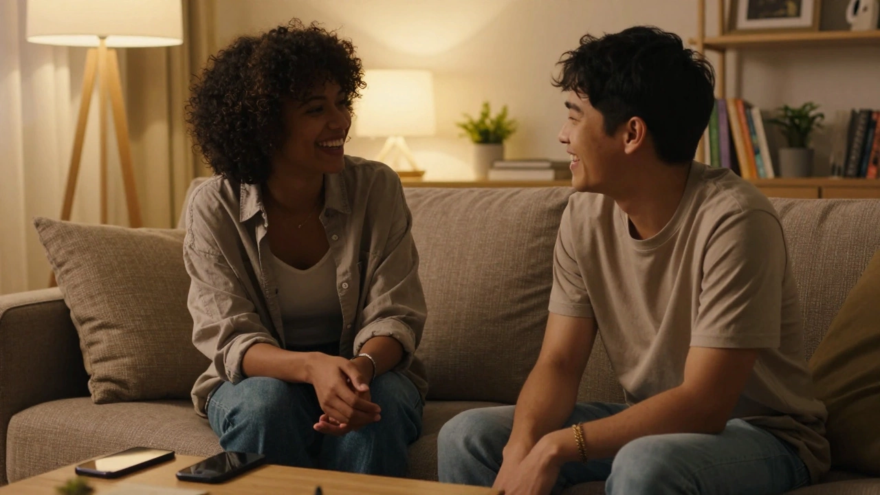 Friends chatting warmly on a sofa with phones put away