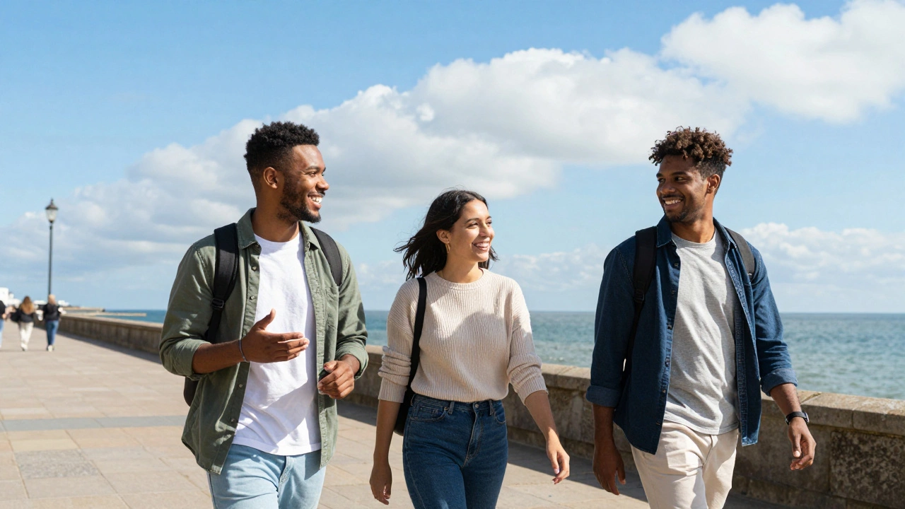 Friends laughing and walking together on a sunny coastal path