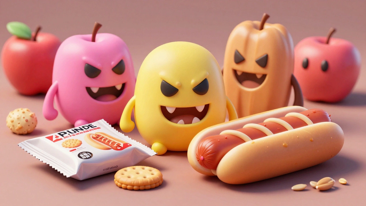 Glossy ultra-processed foods contrasted with organic whole foods in conceptual art