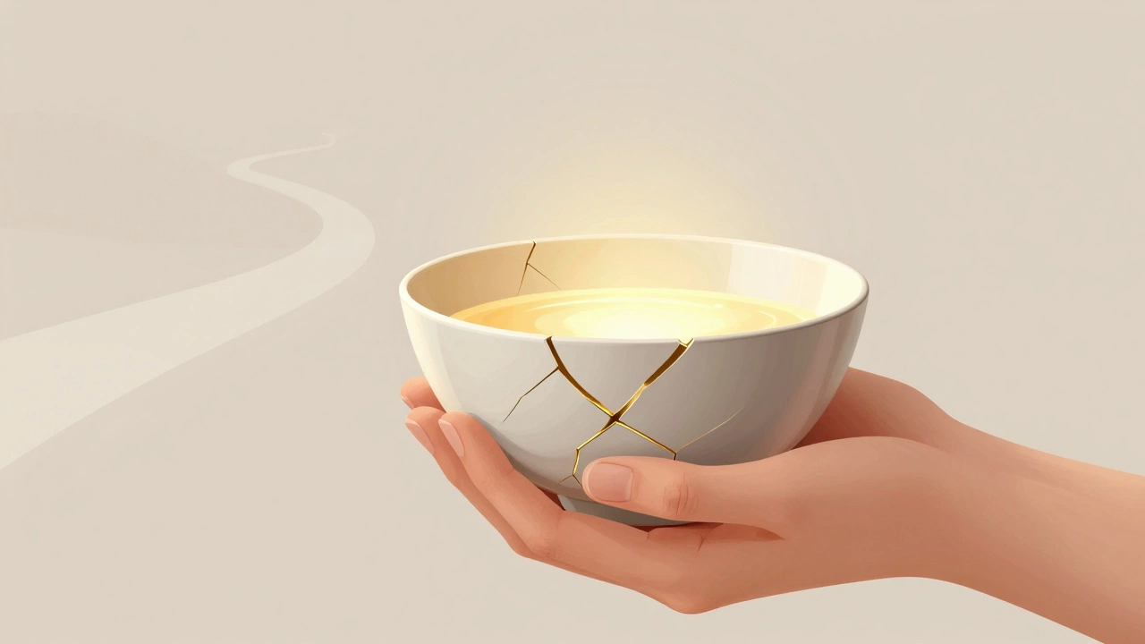 Golden light filling a repaired ceramic bowl, symbolizing resilience