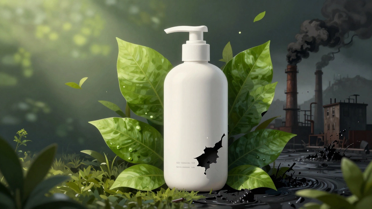 Green leaf mask peeling off product to reveal industrial pollution underneath