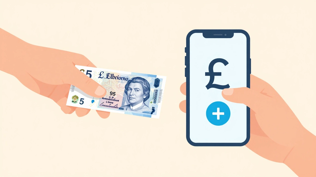 Hands exchanging five pound note versus digital tip icon