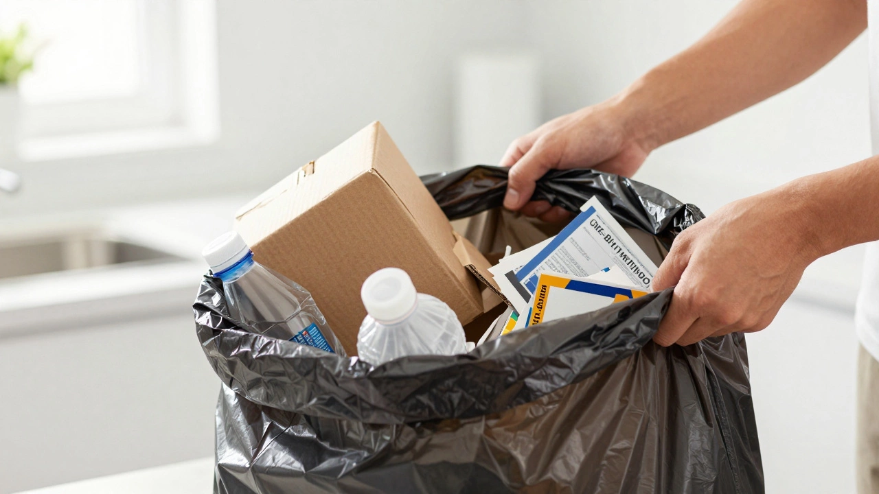 Hands filling a black trash bag with junk from a clean kitchen counter
