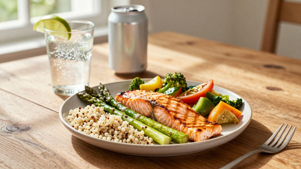 Healthy grilled salmon and vegetable meal with sparkling water on a wooden table