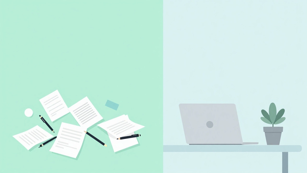 Illustration comparing a messy desk to a minimalist clean workspace