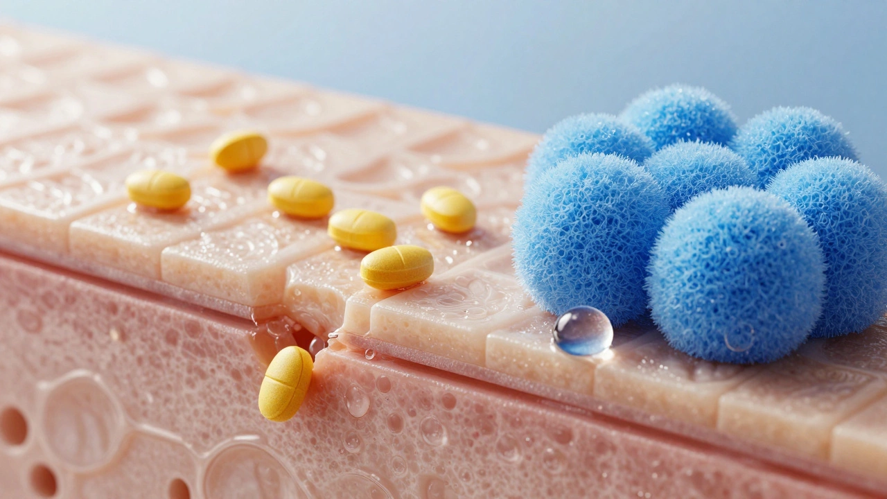 Microscopic view of Vitamin C penetrating skin and Hyaluronic Acid hydrating the surface.
