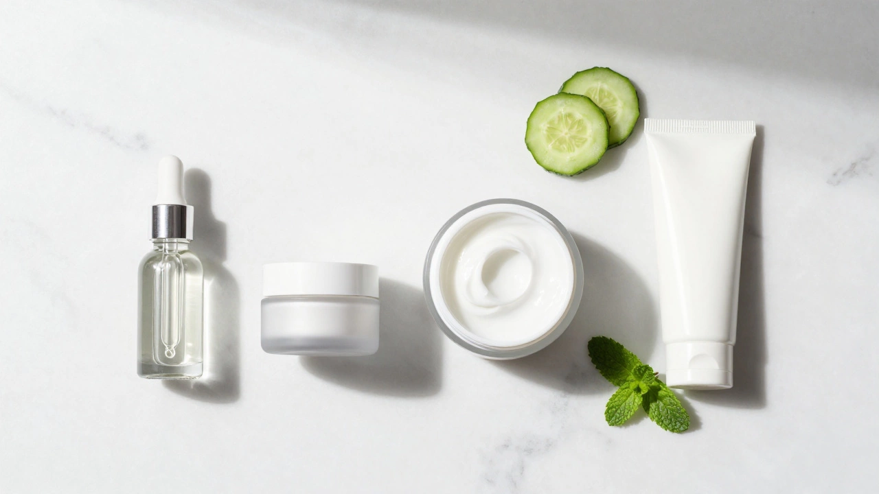 Minimalist arrangement of skincare products ordered from thinnest serum to thickest moisturizer on marble