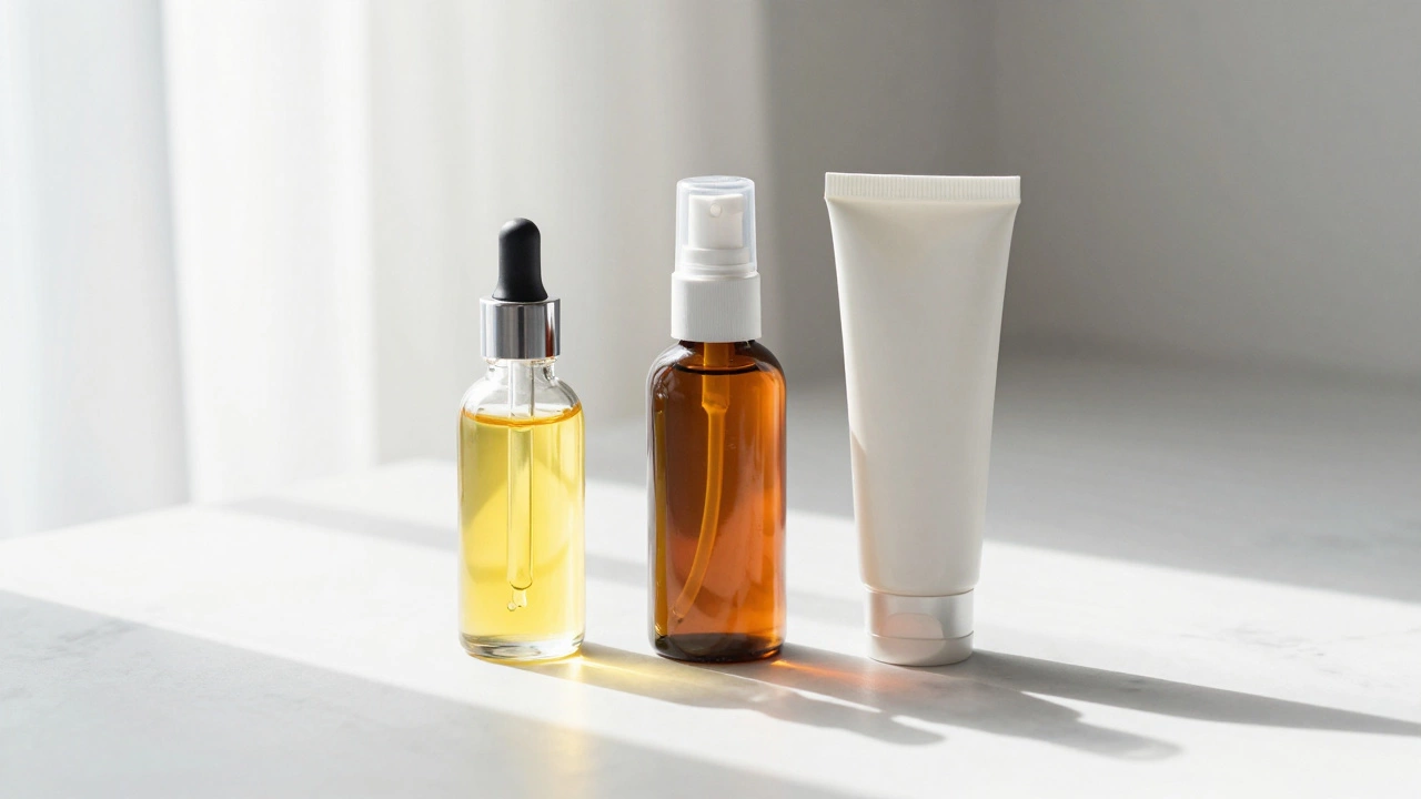 Minimalist arrangement of Vitamin C, Retinol, and Sunscreen bottles