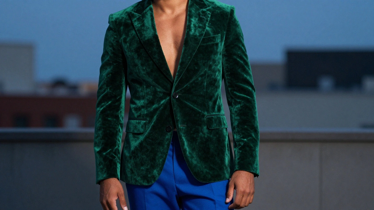 Person in deep emerald and sapphire jewel tones conveying wealth and power