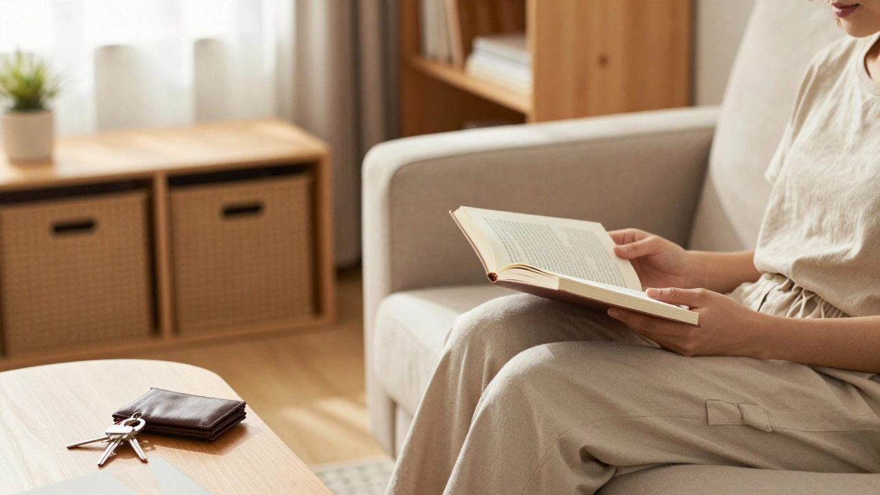 Person relaxing in a tidy, minimalist living room with closed storage bins.
