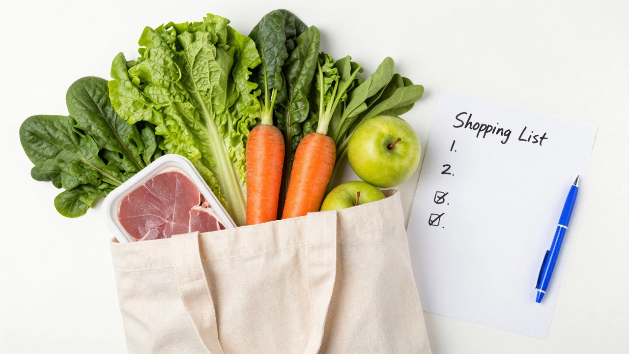 Reusable shopping bag filled with fresh produce and a handwritten list