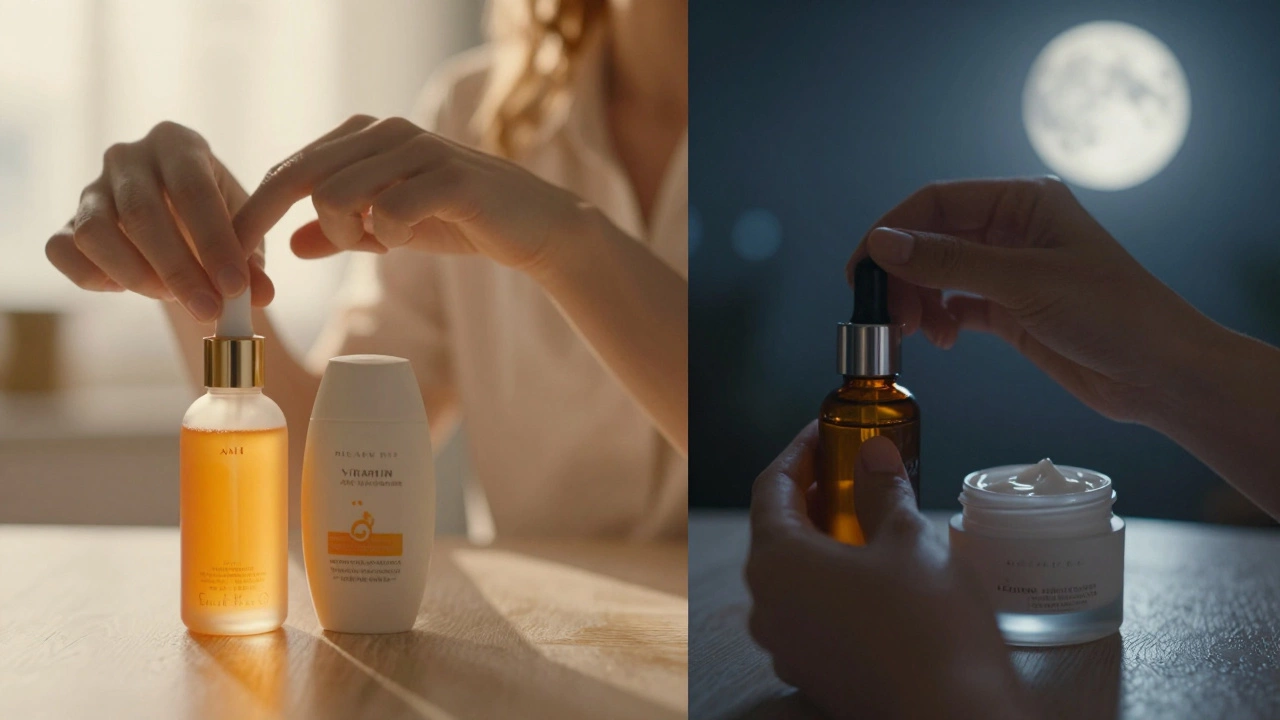 Split image showing morning vitamin C routine with sunlight and evening retinol routine with moonlight