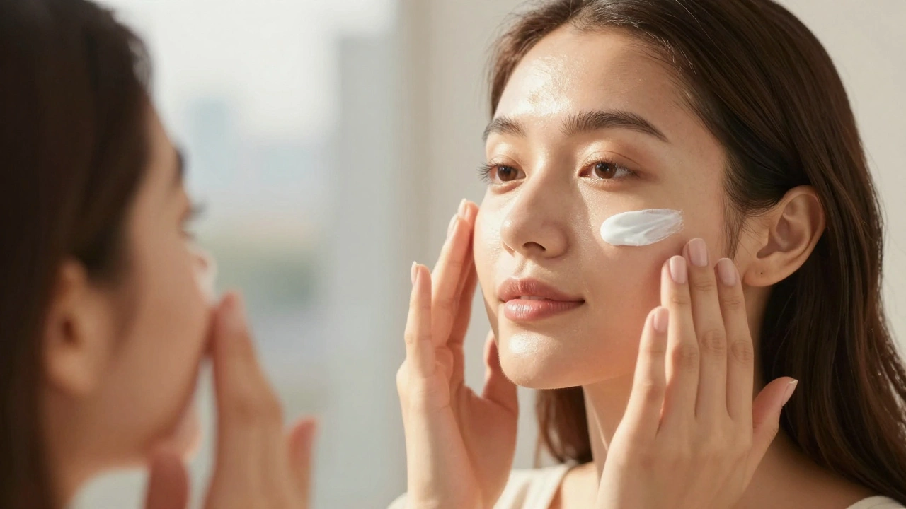 Woman applying moisturizer and sunscreen for protected, glowing skin in morning light.