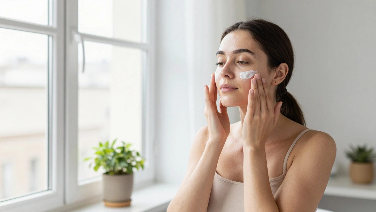 Woman gently applying moisturizer in bright natural light