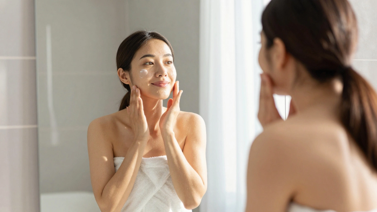 Woman with glowing skin looking in a sunlit bathroom mirror.