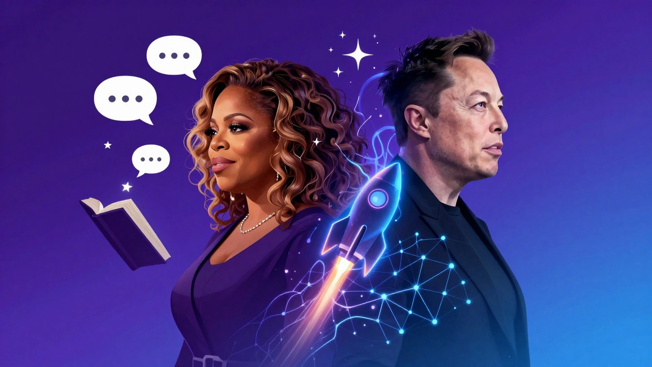 Abstract art depicting Oprah Winfrey and Elon Musk as modern self-made icons.