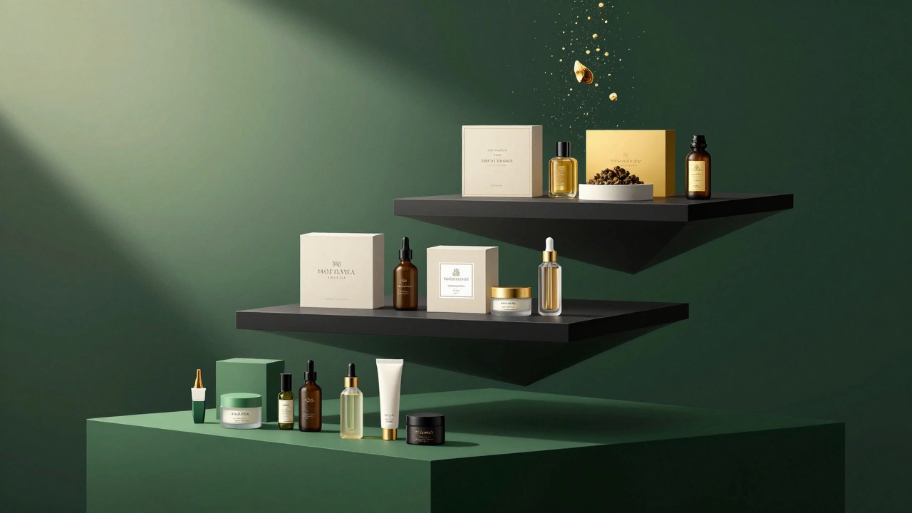 Abstract visualization of luxury beauty tiers with rare ingredients