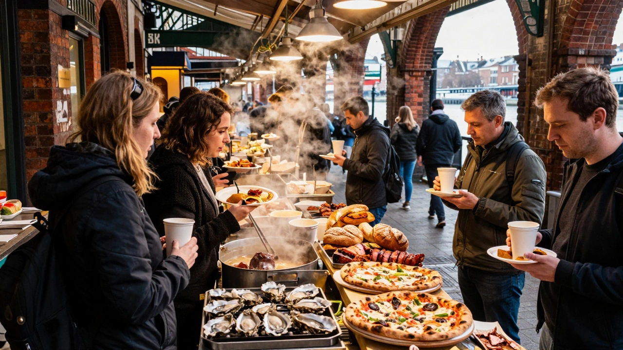 Bustling Borough Market with steam rising from food stalls and locals eating