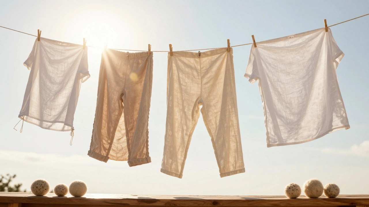 Clothes drying in sunlight on a line with wool dryer balls nearby