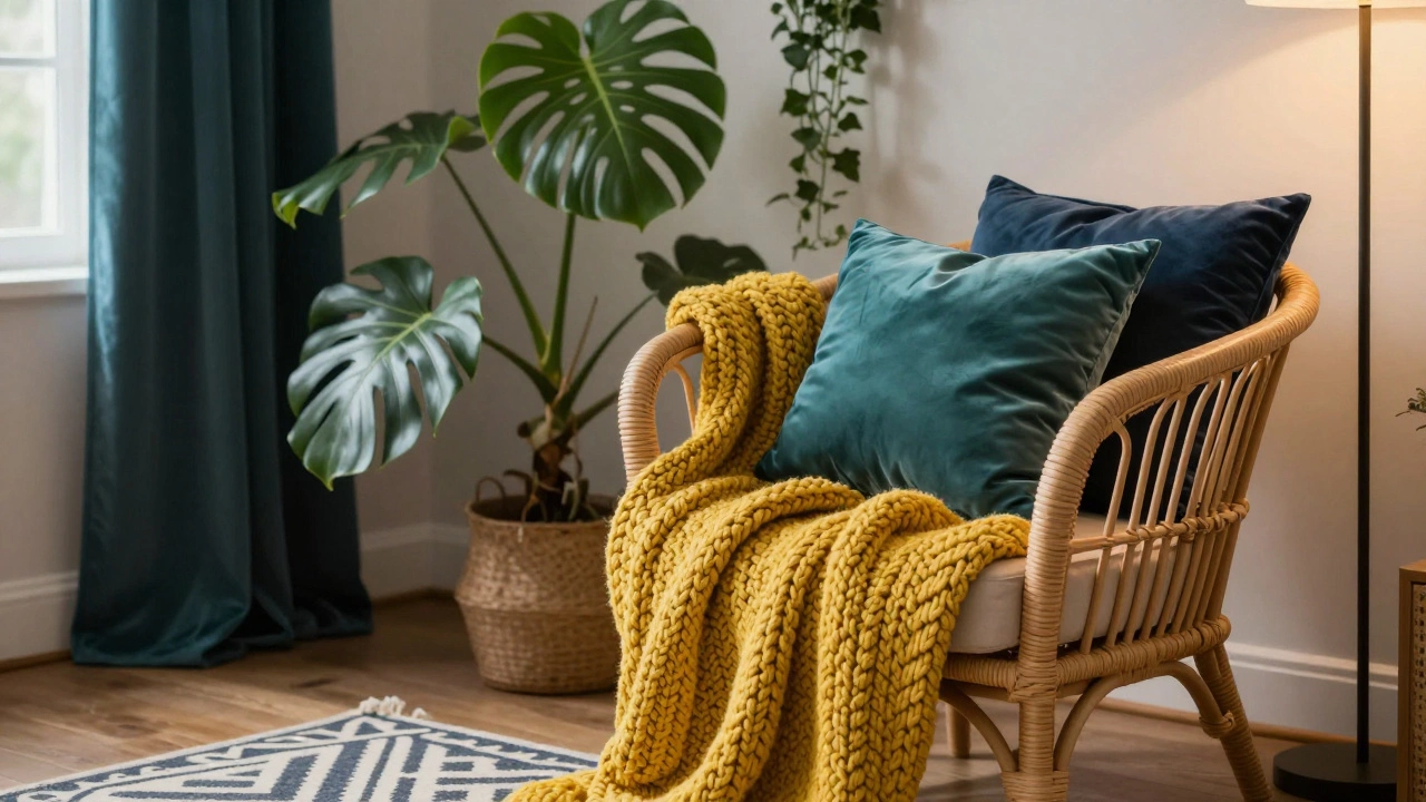 Cozy rattan chair with knitted throws and lush indoor plants