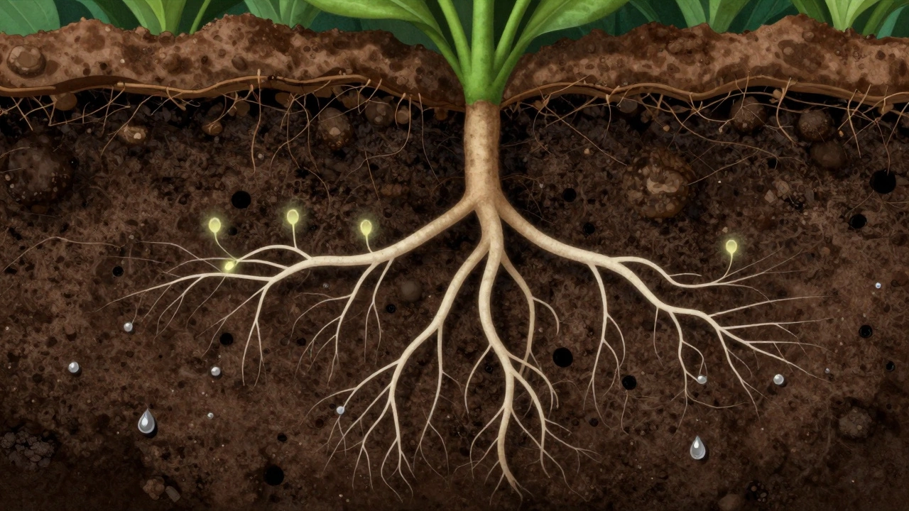 Cross-section of plant roots and beneficial fungi in rich soil
