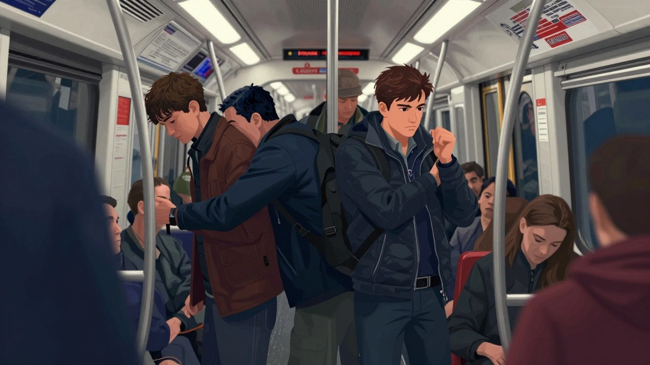 Crowded London Underground train illustrating pickpocket distraction tactics.