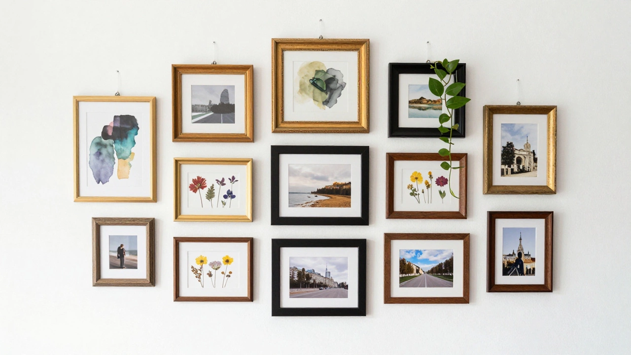 Eclectic gallery wall with mismatched frames and hanging plants
