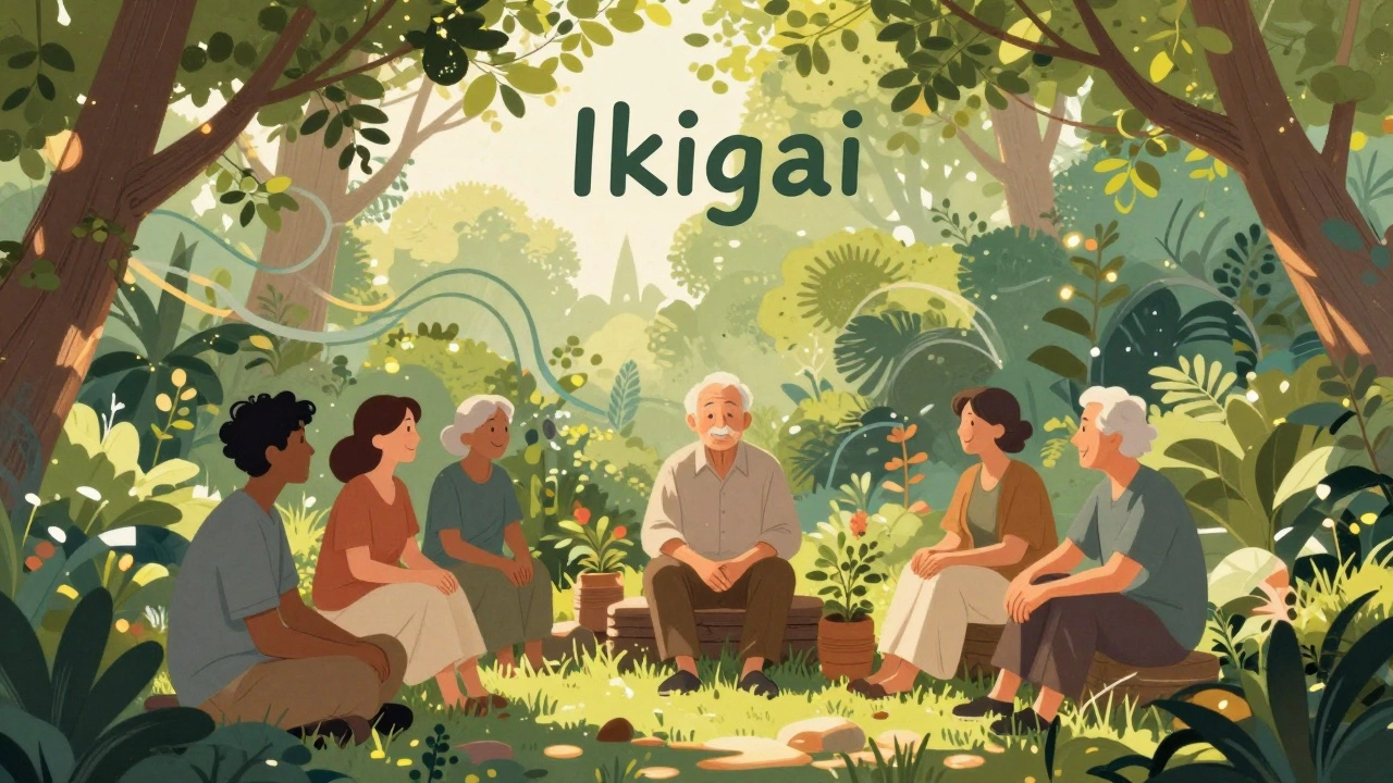 Elderly person enjoying time with friends in a peaceful, sunny garden.