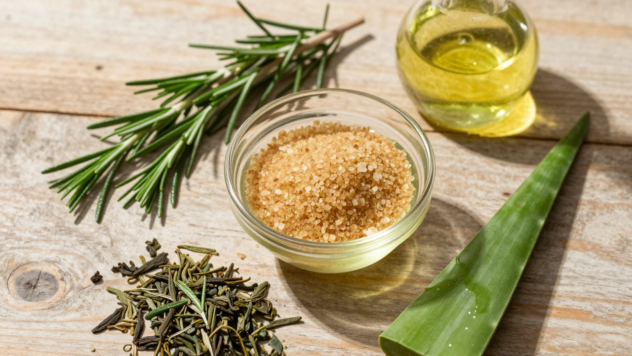 Flat lay of natural skincare ingredients including sugar scrub and aloe