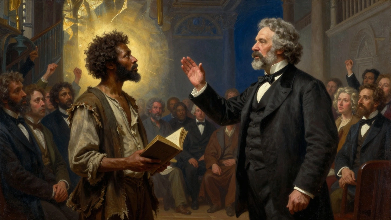 Frederick Douglass holding a book, symbolizing his journey from slavery to freedom.