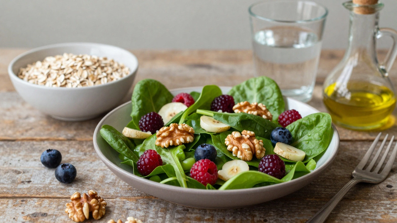 Fresh Mediterranean foods like greens, berries, and nuts on a wooden table.