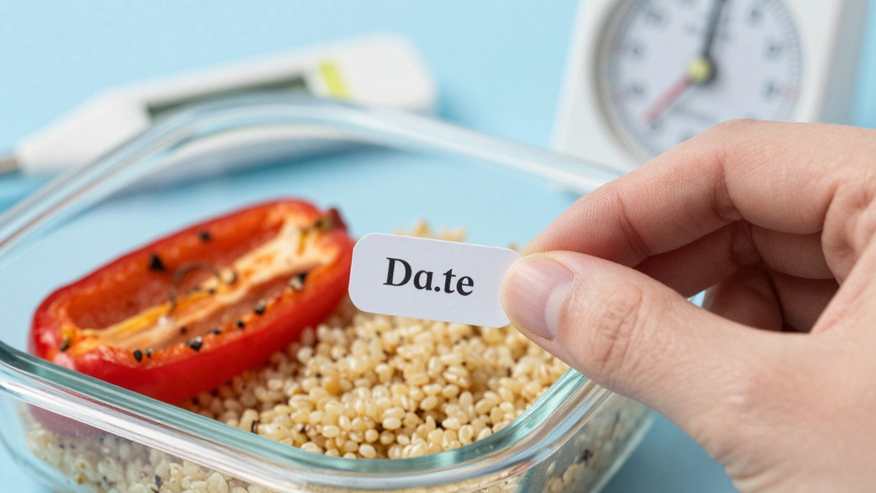 Hand labeling a meal prep container with a date sticker for freshness