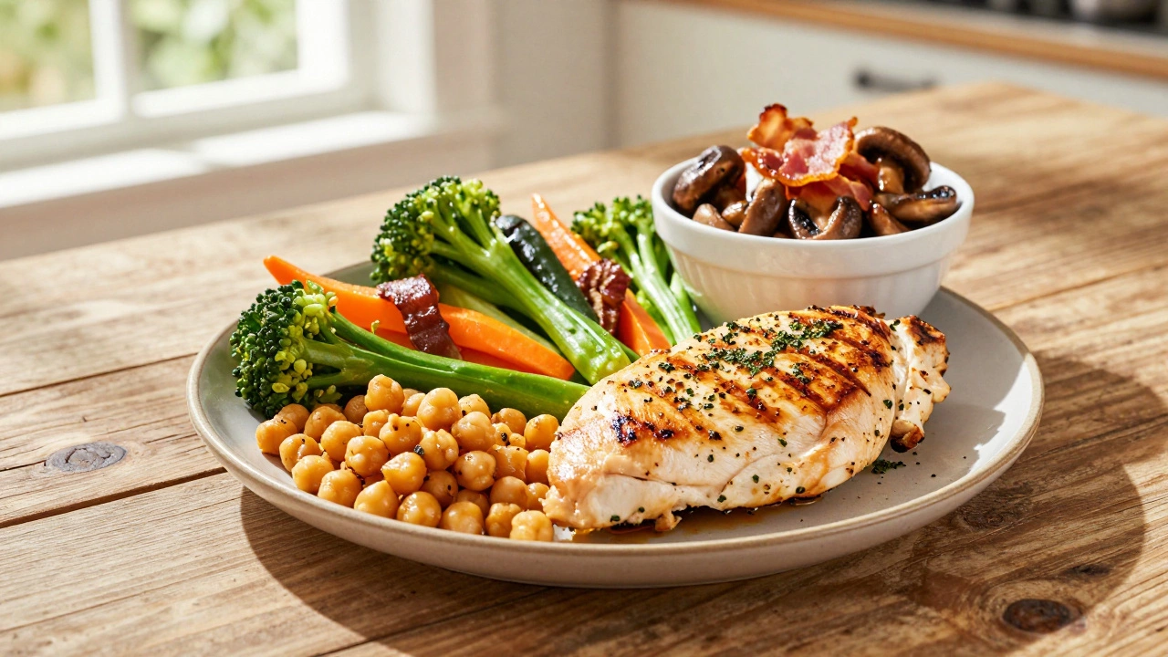 Healthy meal with grilled chicken and veggies