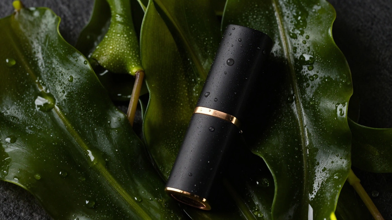 Heavy magnetic lipstick case beside fresh sea kelp and botanical leaves