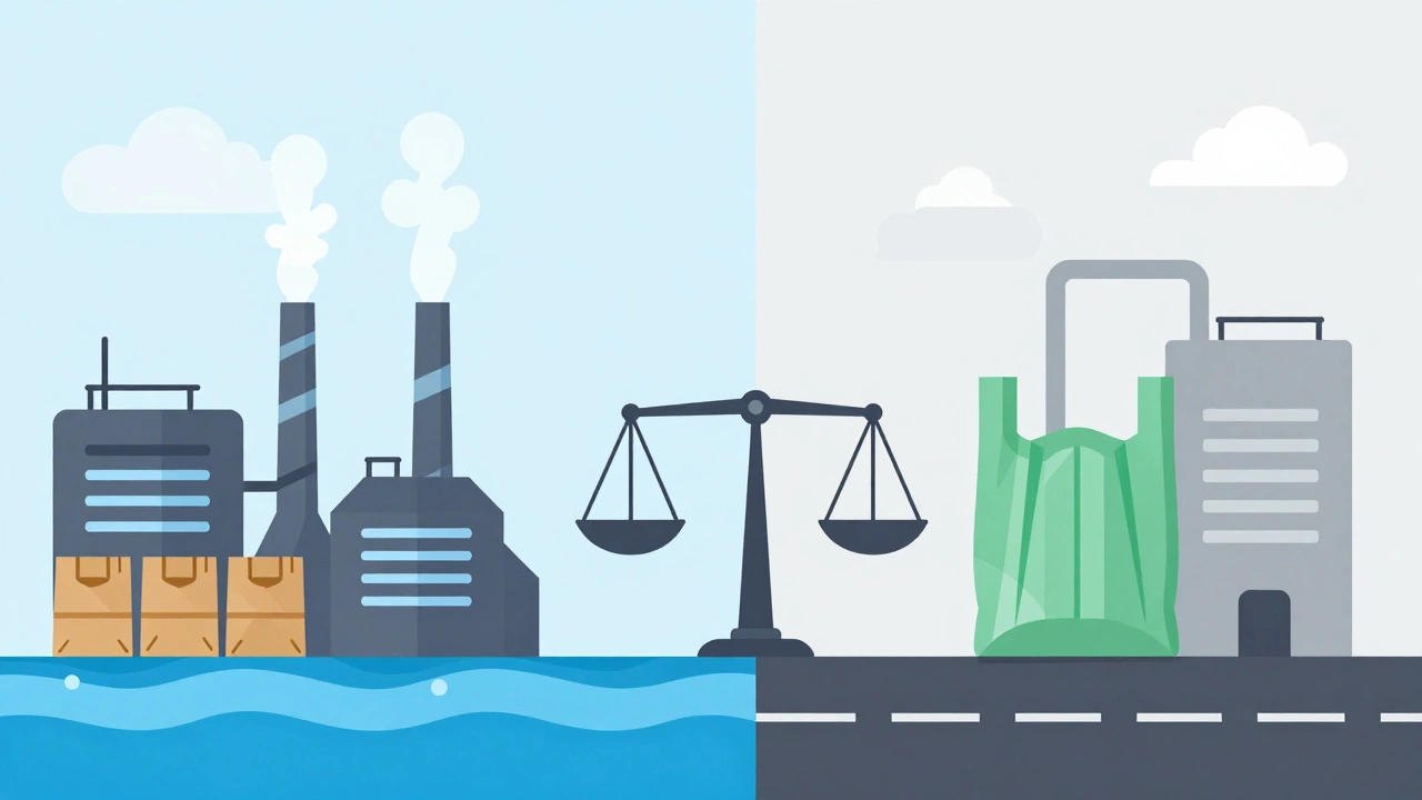Illustration comparing industrial production costs of paper vs plastic bags