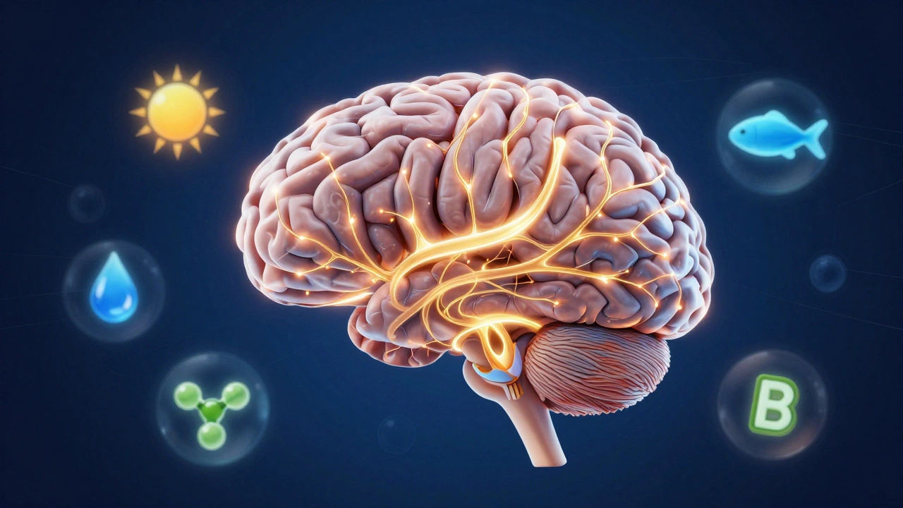 Illustration of brain neurons connected by nutrient-powered light streams