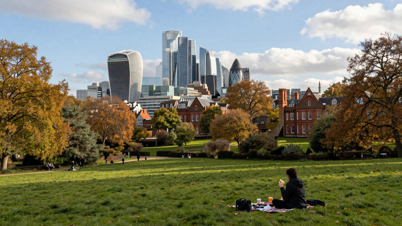 Peaceful picnic on Hampstead Heath with panoramic London skyline view