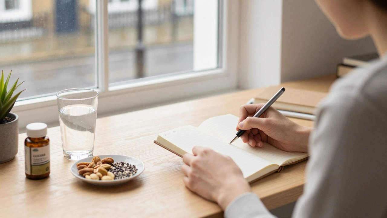 Person journaling at a desk with water and snacks near a rainy window