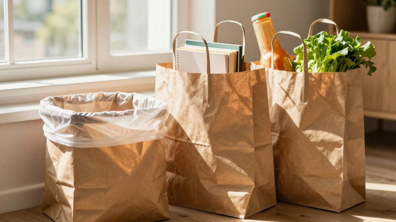 Stack of reused paper bags serving multiple household purposes in sunlight
