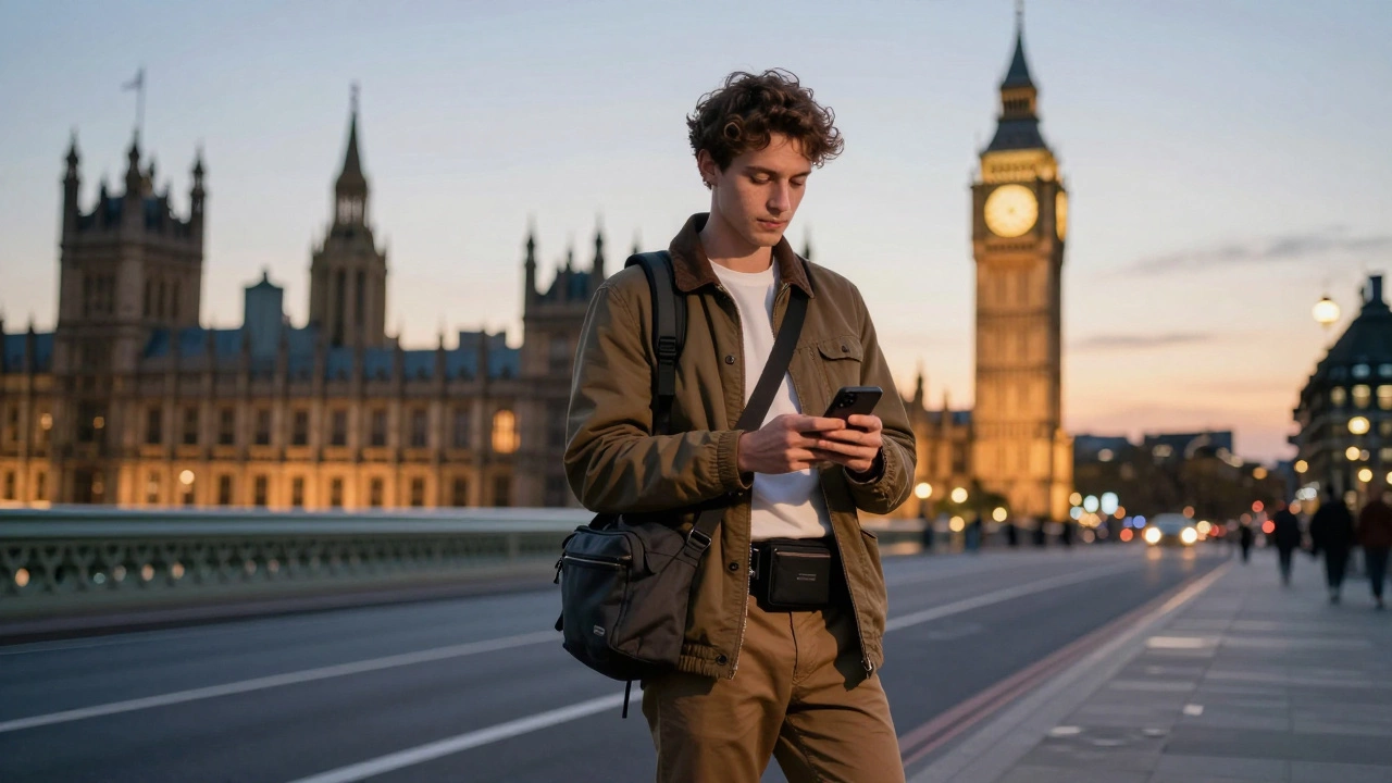 Traveler using secure bags and staying aware in a safe UK city setting.