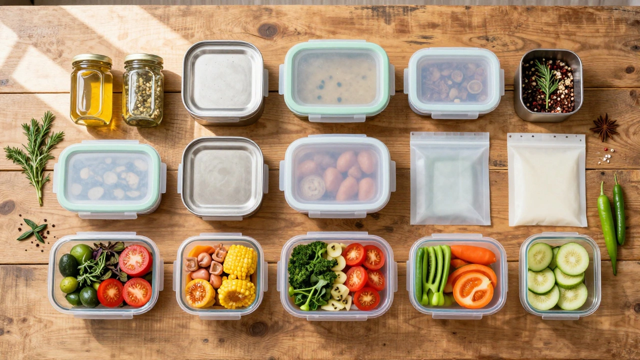 Variety of modular meal prep containers with different foods on a table