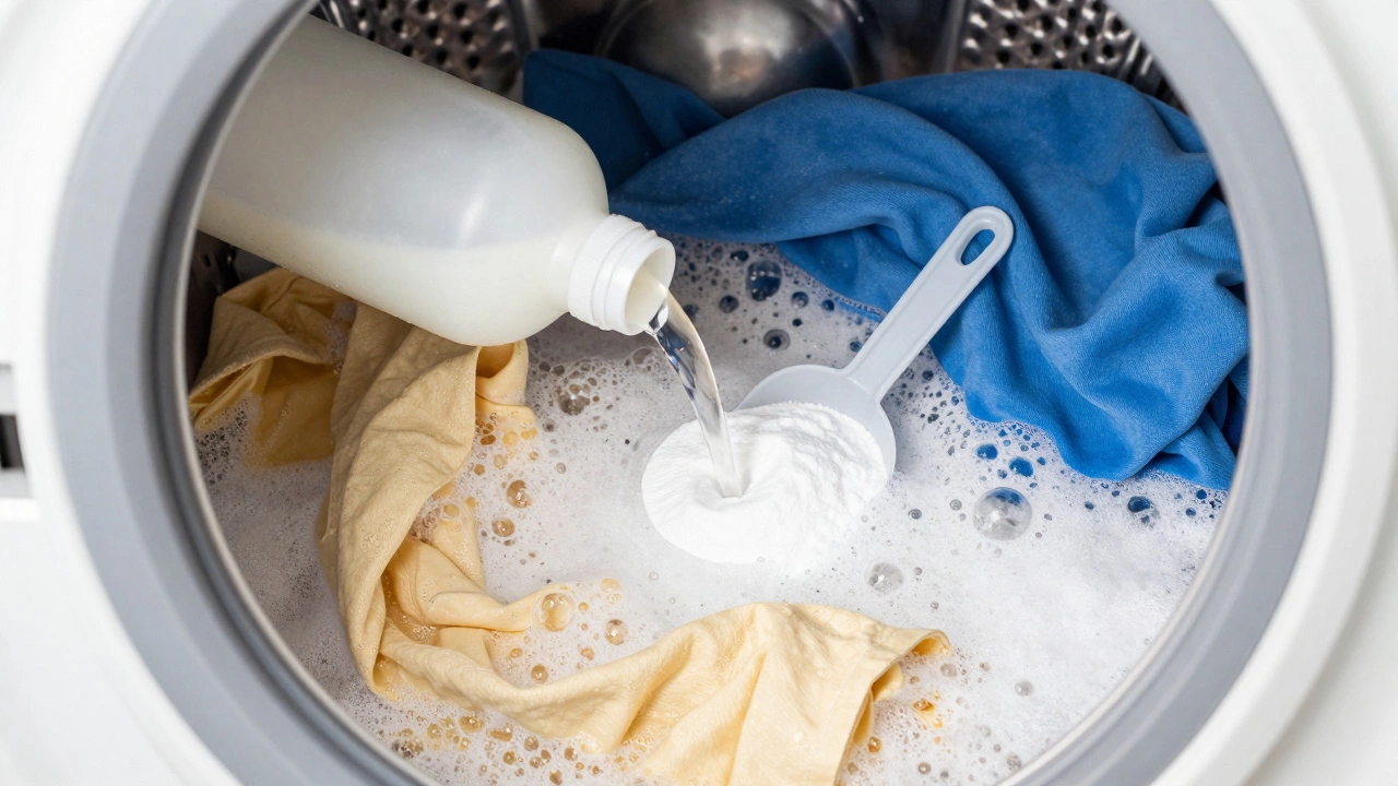 Washing machine with vinegar, baking soda, and oxygen bleach cleaning clothes