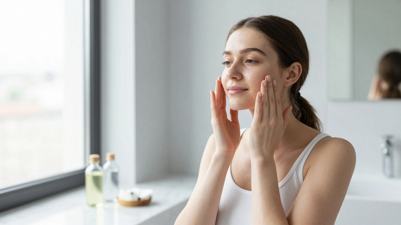 Woman applying facial oil in a bright, minimalist bathroom setting